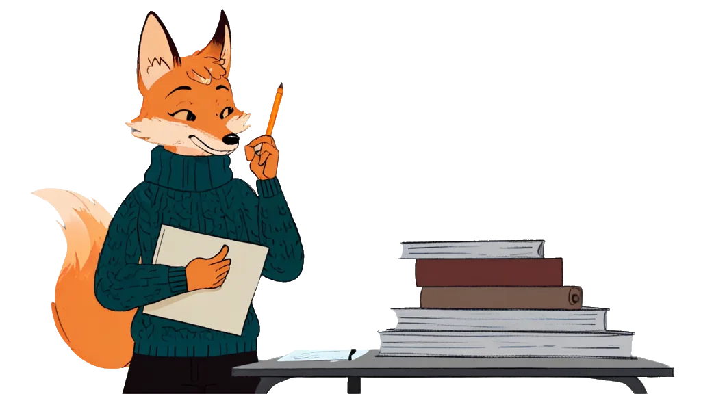 An arctic fox note-taker at a reading desk stacked with documents