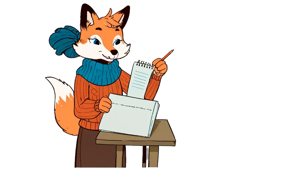 An arctic fox note-taker at a desk of sorted paperwork, rubber stamp in hand