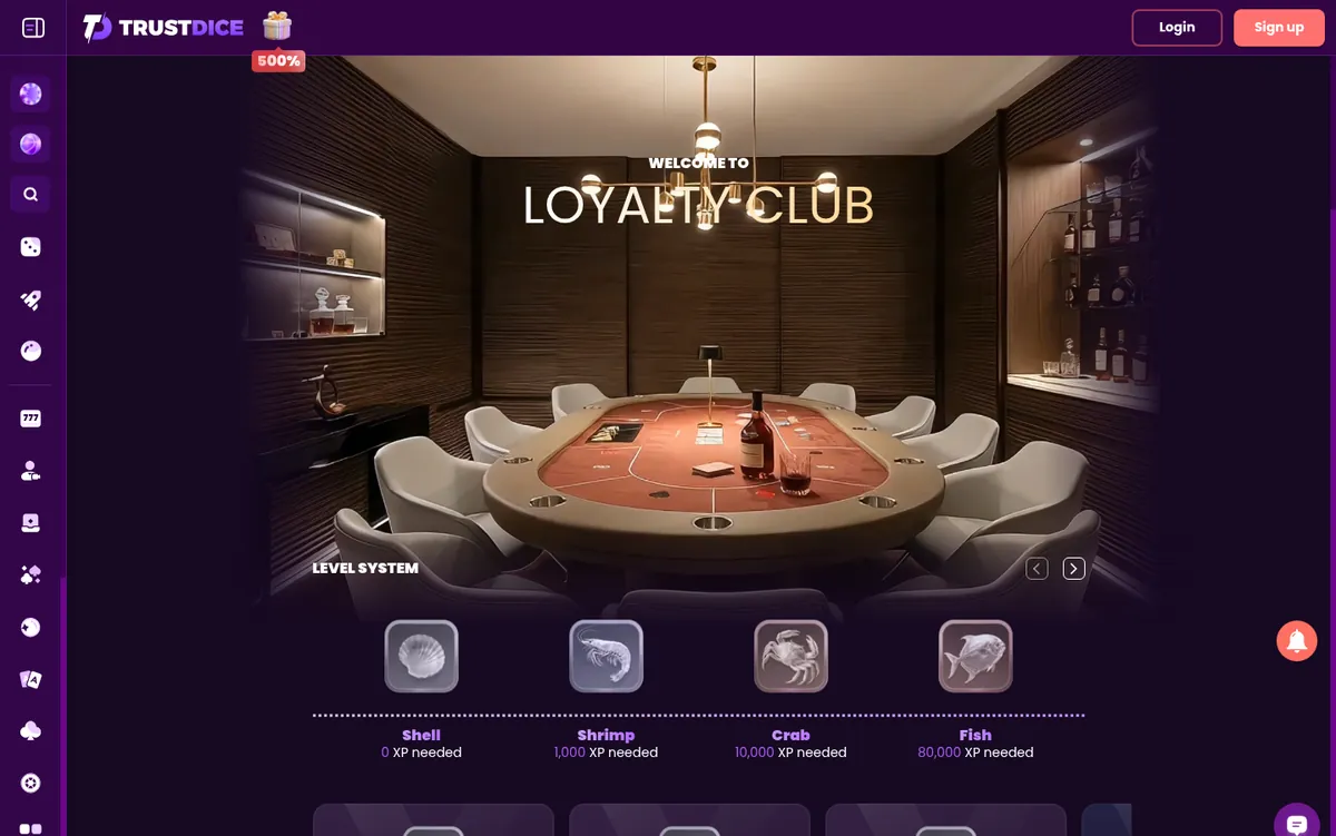 TrustDice VIP- eller lojalitetsprogramsiden som viser nivåene og belønningene