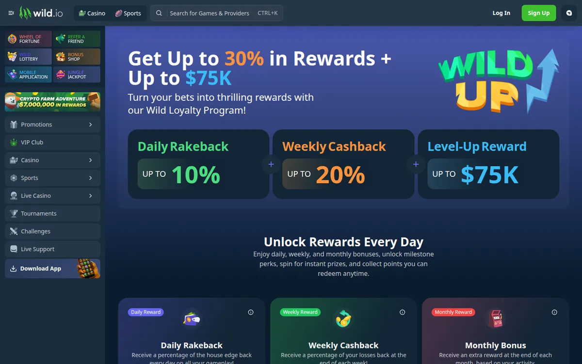 Wild.io VIP- eller lojalitetsprogramsiden som viser nivåene og belønningene